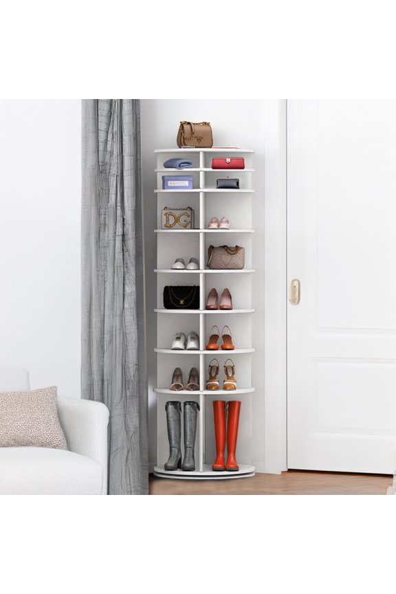 8 Tier Rotating Shoe Rack Tower Spinning Shoe Display, Space-Saving Shoe Organizer, 360-Degree Vertical Storage for Small Closets & Home Entryways (White) Modern 4-Compartments & Durable PVC Co...