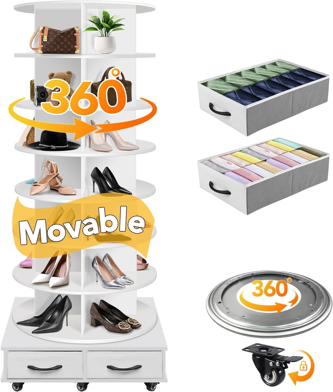 8 Tier Rotating Shoe Rack Tower contains 2 drawers, Spinning Shoe Rack ...