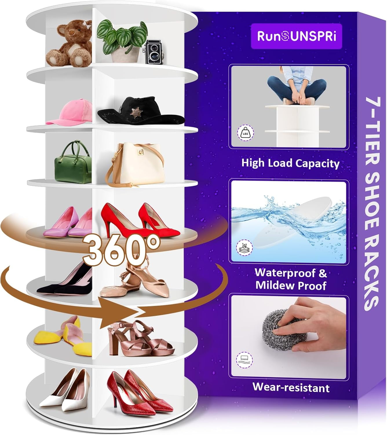 8 Tier Rotating Shoe Rack Tower contains 2 drawers, Spinning Shoe Rack ...
