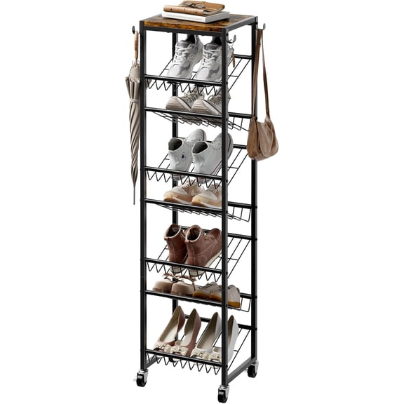 8 Tier Rotating Vertical Shoe Rack Tower, Wooden Tall Shoe Storage Organizer with Hooks, Sturdy Metal Narrow Shoe Shelf for 8-16 Pairs, Space Saving Rack for Closet Entryway, Rustic Brown