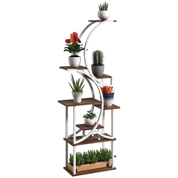 8-Tier S-Shaped Indoor Plant Stand, 62" Tall Corner Plant Shelf with Steel Frame and Fir Wood, Carbonized Finish, Space-Saving Display Rack for Living Room, Bedroom or Patio