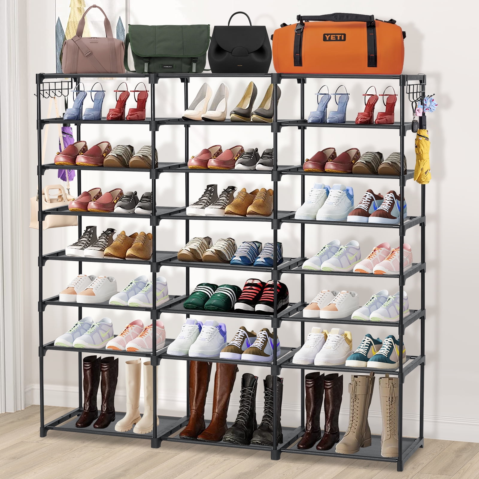 8-Tier Shoe Organizer HONEIER 48 Pairs Large Shoe Rack with 2 Hook Rack, Stackable Shoe Storage Cabinet for Shoe \u0026 Boots, Shoe Shelf for Closet, Entryway, Bedroom, Garage, Black
