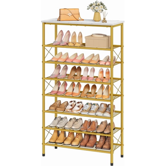 8 Tier Shoe Rack Organizer for 28-32 Pairs of Shoes, Metal Mesh Shoe Shelf for Closet, Industrial Shoe Rack for Entryway Shoe Storage with X Shape Fixed Frame, White & Gold
