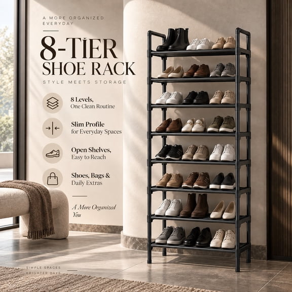 8-Tier Shoe Rack, Tall Space-Saving Shoe Storage Organizer with Open Shelves, Large Capacity Freestanding Shoe Shelf for Entryway, Bedroom, Closet and Hallway, Black