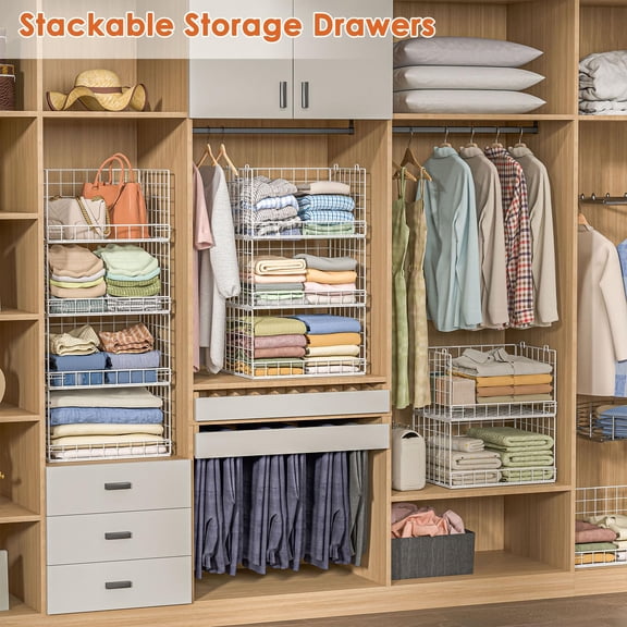 8-Tier Stackable Closet Organizers and Storage Shelves, Foldable Closet Shelf Organizer, Stackable Storage Bins Drawers for Closet Organizer System, White(Patent No. 30022416)