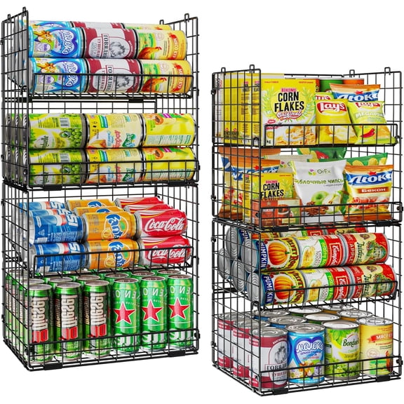 8-Tier Stackable Wire Basket, Can Organizer for Pantry Kitchen, XXL Metal Storage Shelves with Dividers & Handles, Easy Assembly Space Saving Storage Bins for Snacks Fruits Veggies