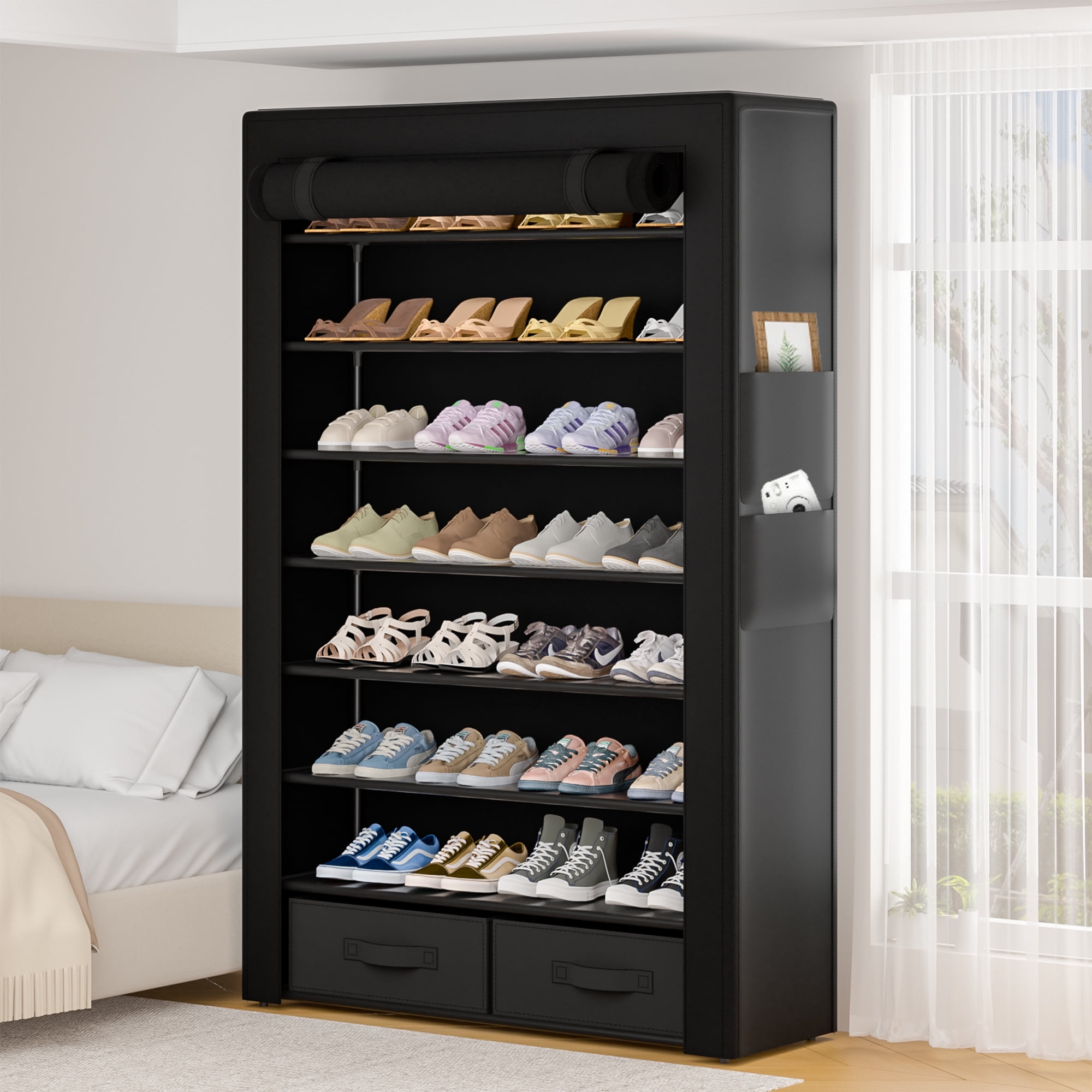 8 Tier Tall Fabric Covered Shoe Rack with 2 bins, Functional Dustproof ...
