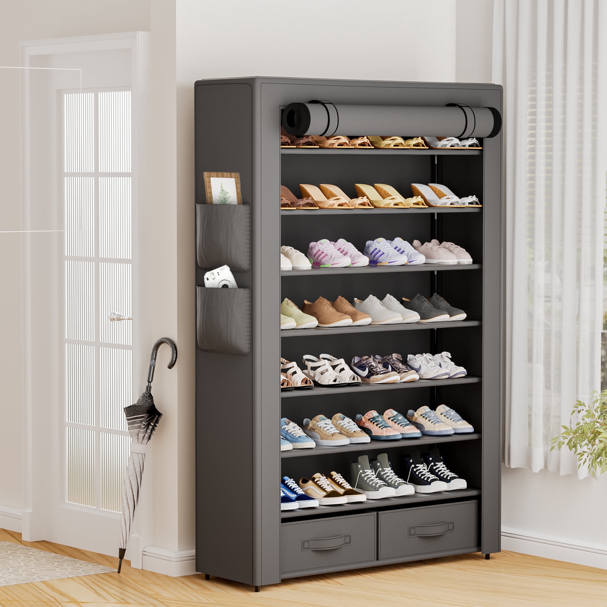 Covered Rack Orginazer 8 Tier Tall Fabric Covered Shoe Rack with 2 bins, Functional Dustproof ...