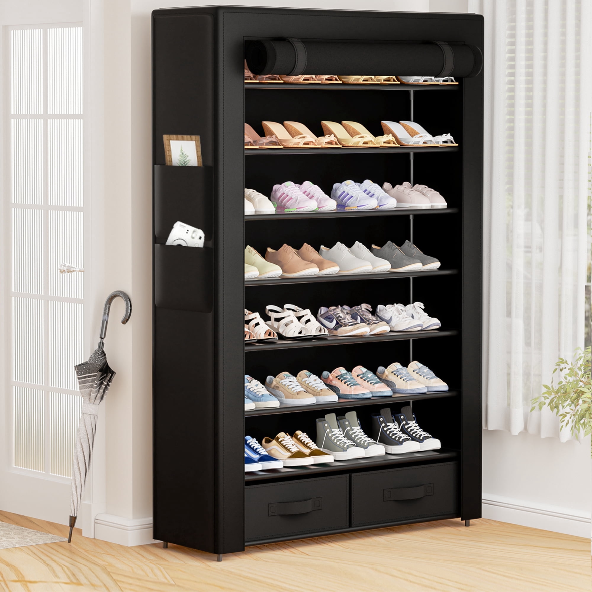 8 Tier Tall Fabric Covered Shoe Rack with 2 bins, Functional Dustproof ...
