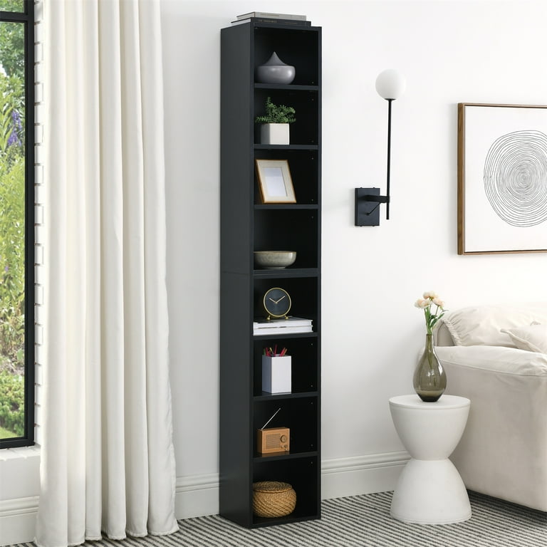 8 Tier Tall Narrow Bookcase Slim Media Tower Rack with Adjustable Shelves Multi functional Double decker Action figures Display Shelf for Kitchen