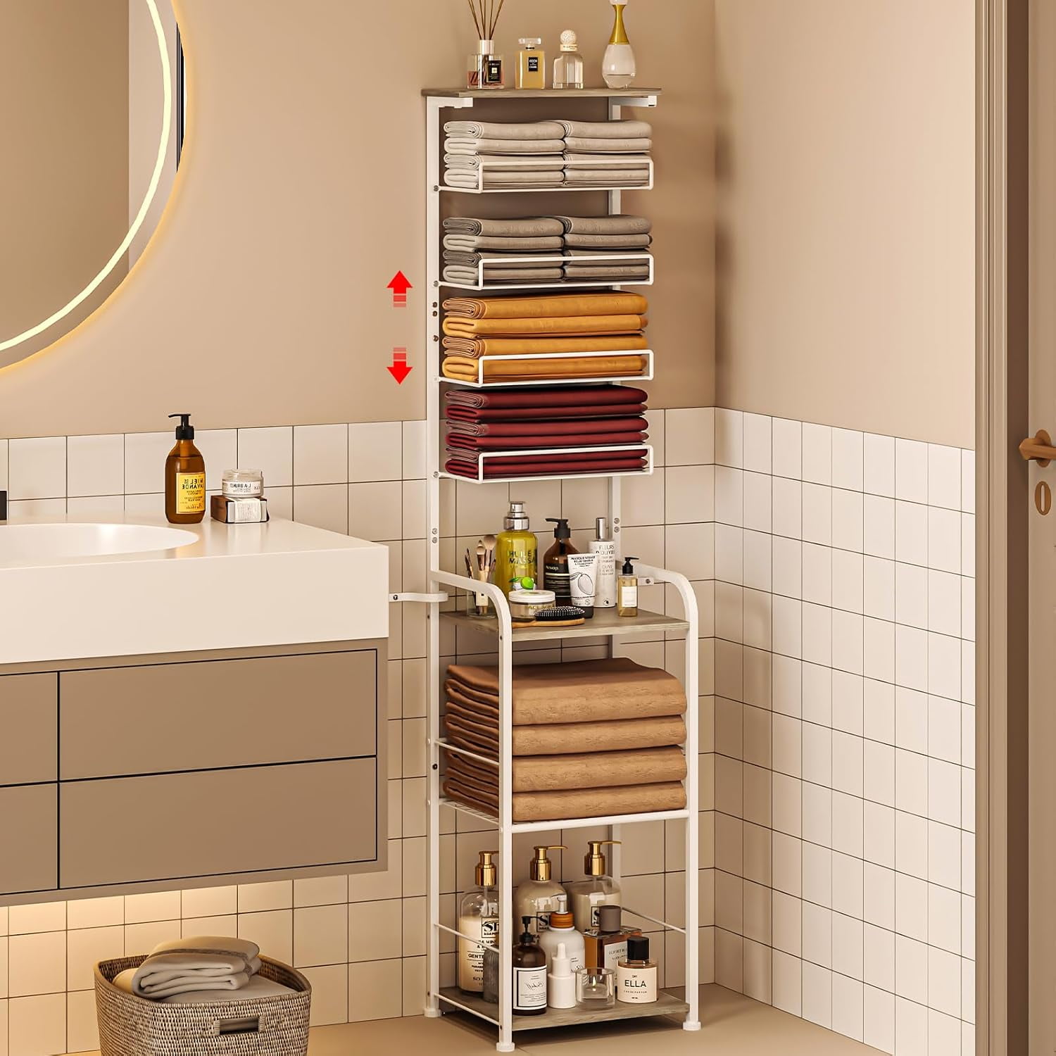 8-Tier Towel Racks for Bathroom, Metal and Wood Freestanding Towel ...