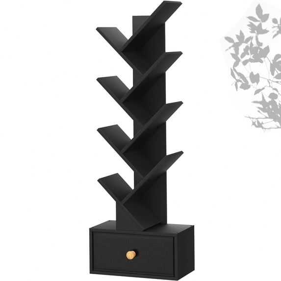 LEYAOYAO 8-Tier Corner Bookshelf, Narrow Tree Bookcase with Storage Cabinet, Tall Floor Standing Organizer for Living Room, Black
