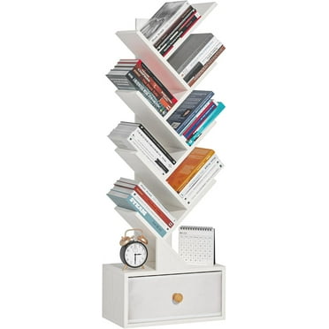 8 Tier Tree Bookshelf with Drawer, Free Standing Wood Bookcase for Narrow Space, Storage Organizer Bookshelves for Books, Book Case for Home Office, Living Room, Bedroom - Sweet White