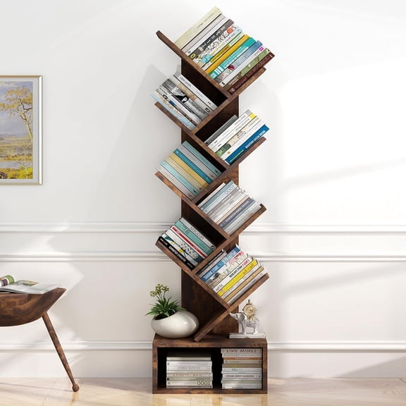 8 Tier Tree Bookshelf, Free Standing Tree Bookcase with Drawer, Utility Book Organizer Shelves for Home Office, Living Room, Bedroom, Floor Standing Book Shelf, Tiger Wood Color