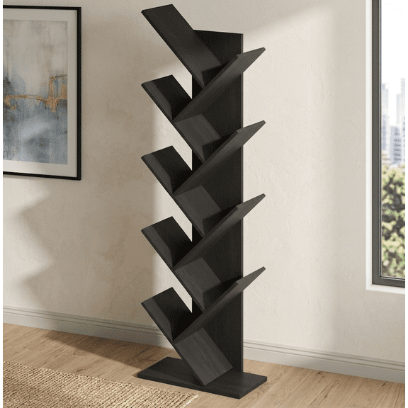 8-Tier Tree Bookshelf, Free Standing Tree Shaped Bookcase with Open Angled Shelves, Compact Storage Utility Organizer Rack for Living Room, Home Office, Bedroom, Black