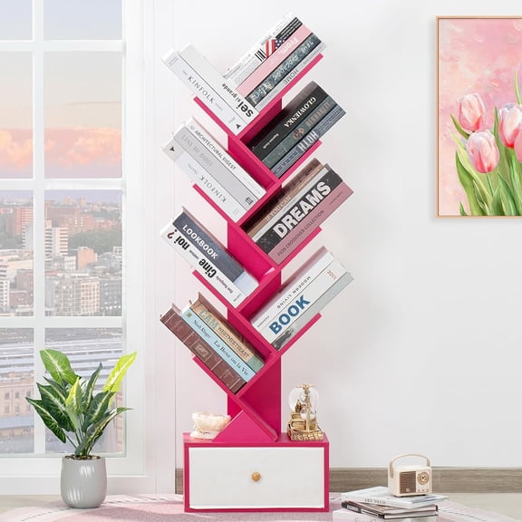 8 Tier Tree Bookshelf, Tall Bookcase with Drawer, Freestanding Book Shelf, Display Floor Standing Storage Shelf, Book Organizer Shelves for Home Office, Pink