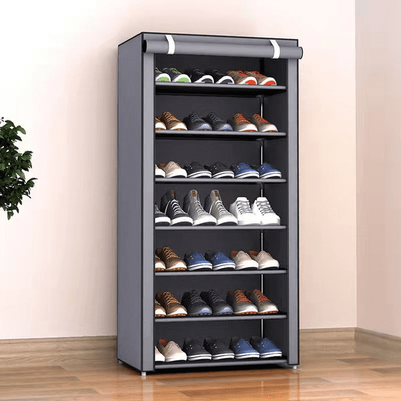 8 Tier Vertical Narrow Shoe Rack, Holds 21Pairs - Dustproof Non-Woven Cover, Grey for Closet/Entryway