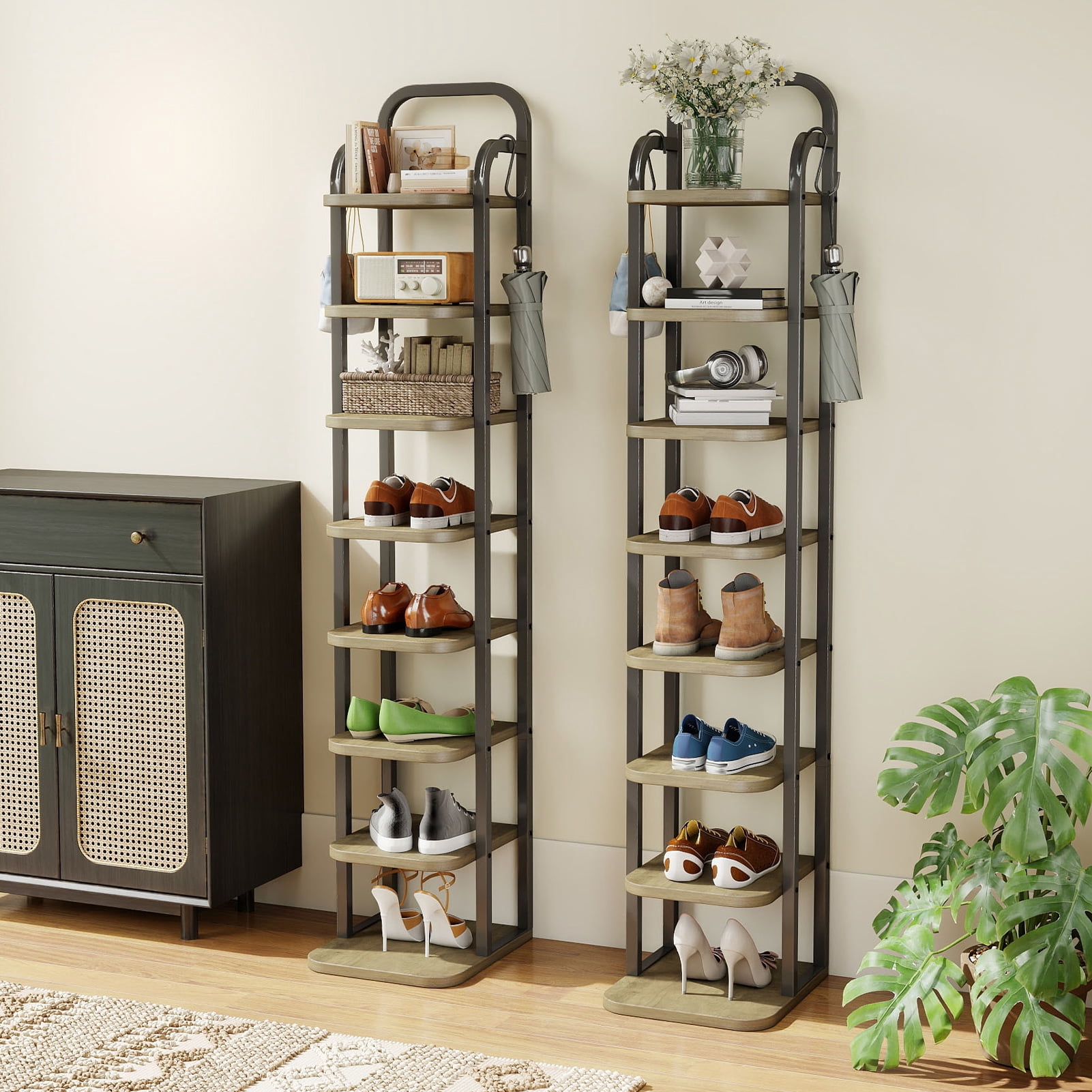 8 Tier Vertical Shoe Rack, Narrow Shoe Storage Organizer with Adjustable Shelves and 2 Hooks, for Small Spaces Entryway Living Room Bedroom