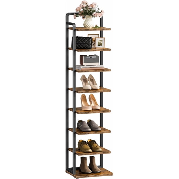 8-Tier Vertical Shoe Rack, Narrow Shoe Tower, Corner Shoe Storage Organizer, Shoe Shelf, for Small Spaces, Industrial Style, for Entryway, Hallway, Living Room, Rustic Brown and Black TXJ08BF