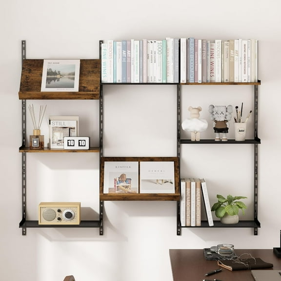 8 Tier Wall Mounted Storage Shelves, Wall Mounted Floating Shelves, Industrial Rustic Bookshelf With Adjustable Metal Brackets, Display Rack For Living Room, Bedroom, Kitchen, Home Office