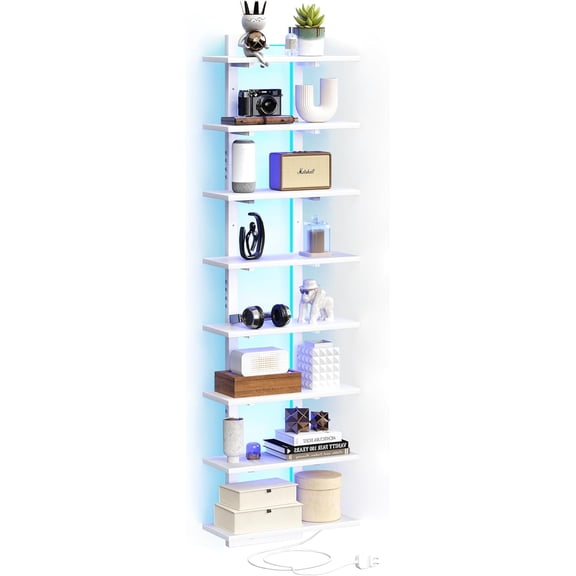 8 Tier Wall Shelf Unit with LED Light, White Floating Shelf, Vertical Display Shelf, Wall Decor for Bedroom, Living Room, Vanity, 15" W x 5.9" D x 58.3" H