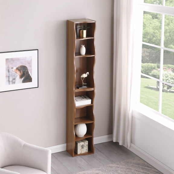 8-Tier Walnut Adjustable Ultra-Thin Bookshelf, Wave Edge Design Multifunctional Storage Shelf, Narrow Display Rack for Home Office Living Room
