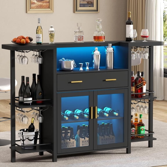 8-Tier Wine Bar Cabinet with LED Lights and Drawer, Home Liquor Cabinet with Wine Rack, Stemware Holder, Glass Door and Crescent Counter for Home Pub, Black