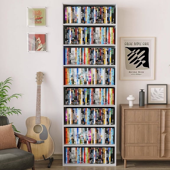 8-Tier Wooden DVD Shelf Storage Tower, Slim Profile, Holds 280+ DVDs or 1000+ CDs, 70.9" H x 23.6" W x 9" D, White
