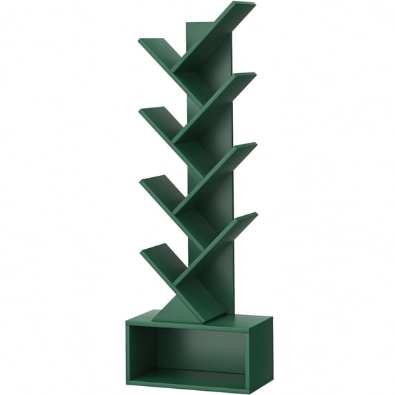 8-Tier Zigzag Tree Bookshelf with Open Storage Base, Space-Saving Bookcase, Dark Green