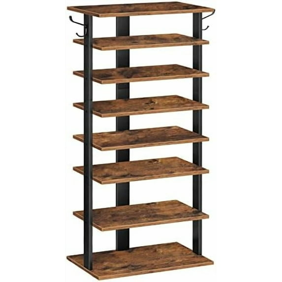 8 Tiers Vertical Shoe Rack, Wooden Shoe Storage Organizer with Hooks ...
