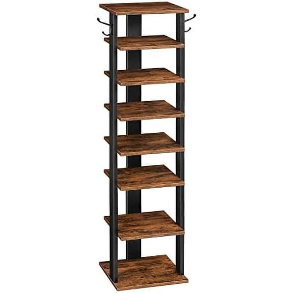 8 Tiers Vertical Shoe Rack, Wooden Shoe Storage Organizer with Hooks, Narrow Shoe Tower for 8 Pairs, Space Saving, for Entryway, Living Room, Bedroom, Rustic Brown BF07XJ01G1
