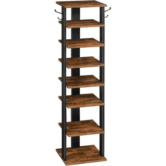 8 Tiers Vertical Shoe Rack, Wooden Shoe Storage Organizer with Hooks, Narrow Shoe Tower, Space Saving, for Entryway, Living Room, Bedroom