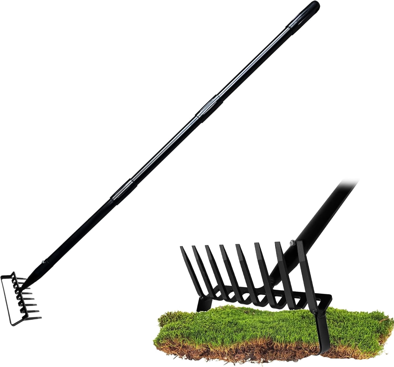 8-Tines Rake and Stirrup - Adjustable Long Handle Scuffle Loop Action for Weeding, Digging, Loosening Soil, Stainless Steel Tiller Cultivator for Gardening, Raised Flower Beds Planting.