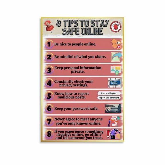 8 Tips To Stay Safe Online Poster Network Security Awareness Canvas Painting Wall Art