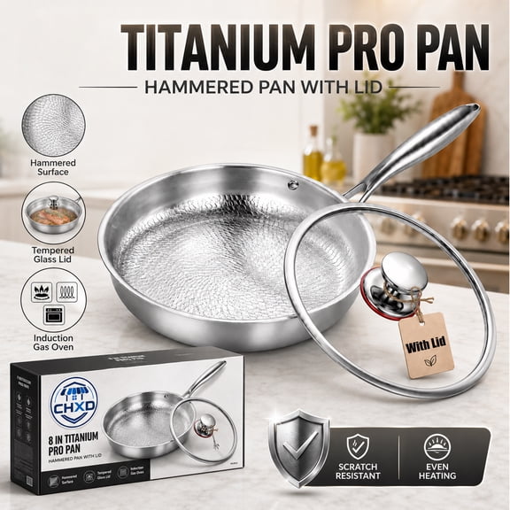 8 in Titanium Pro Pan for Cooking, Titanium Frying Pan with Lid, Uncoated Hammered Cookware Pans, Scratch-Resistant & Even Heating, for Induction Compatible Oven, & Gas