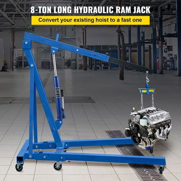8 Ton Hydraulic Long Ram Jack, Blue Manual Cherry Picker with Single Piston Pump & Clevis Base