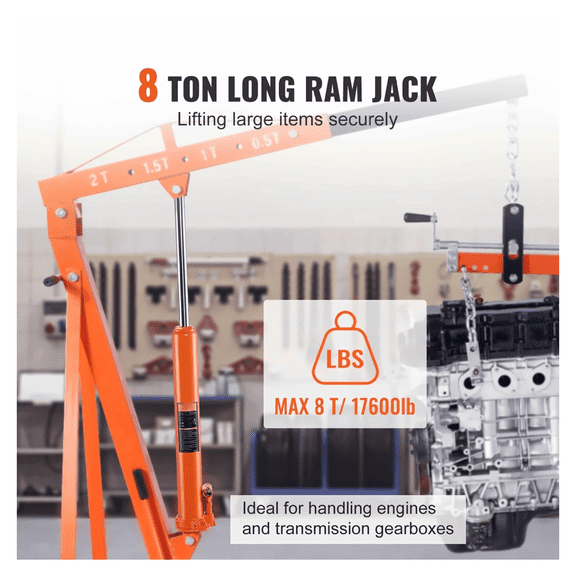 8 Ton Hydraulic Long Ram Jack - Engine Hoist Cylinder, 26-45.9 Inch Lift, Clevis Base, Heavy Duty Steel Construction for Automotive & Industrial Use