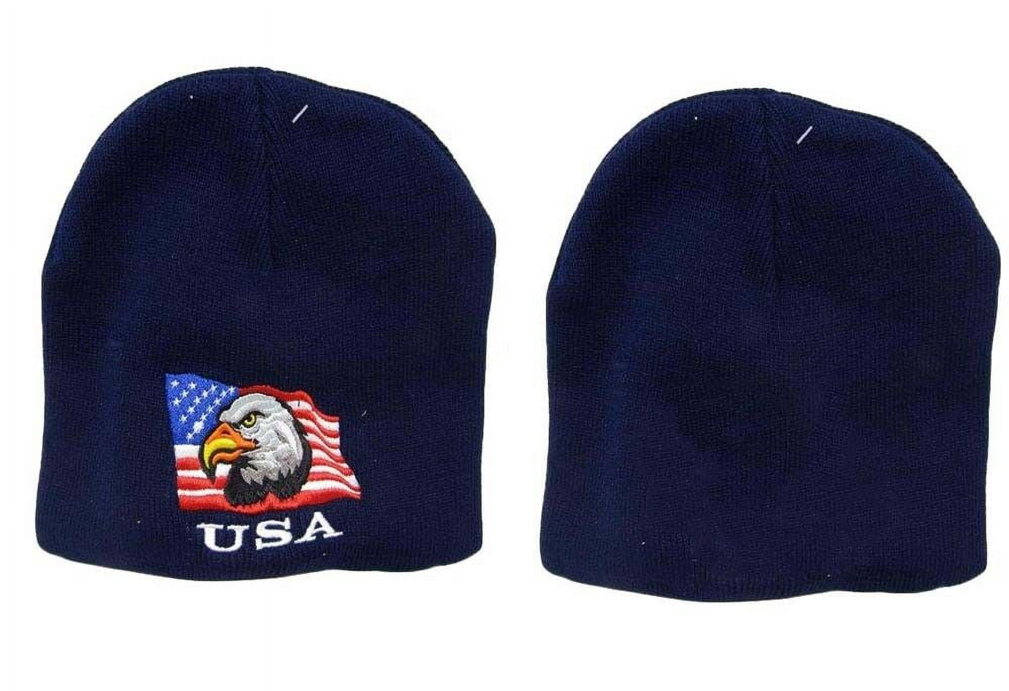Waving USA American Flag Bald Eagle Embroidered Baseball Cap – Blue & Yellow Accents (Trade Winds)