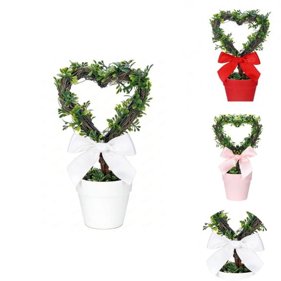 8" Valentines Heart Topiary, Hollow-out Heart Artificial Boxwood Plant with Pot, Valentines Decorations, Realistic Faux Topiary for Indoor Outdoor Home Porch Office Tabletop Shelf Decor(White)