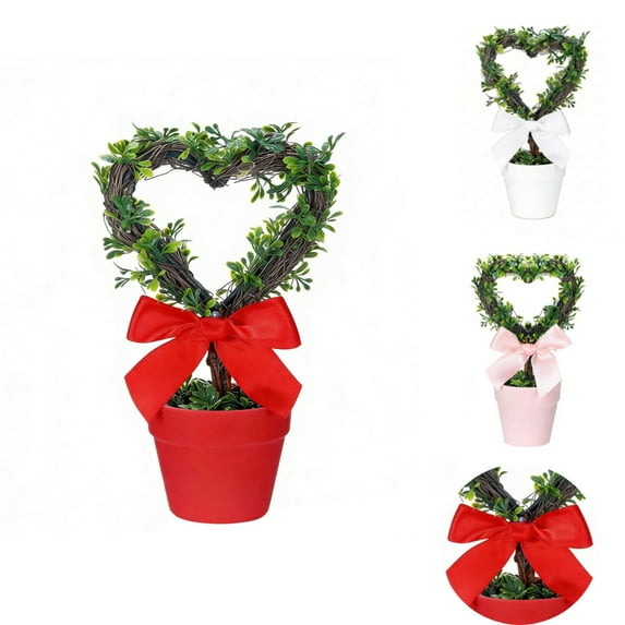 8" Valentines Heart Topiary, Hollow-out Heart Artificial Topiary Plant with Pot, Valentines Decorations, Realistic Faux Boxwood Tree for Indoor Outdoor Home Porch Office Tabletop Shelf Decor(Red)