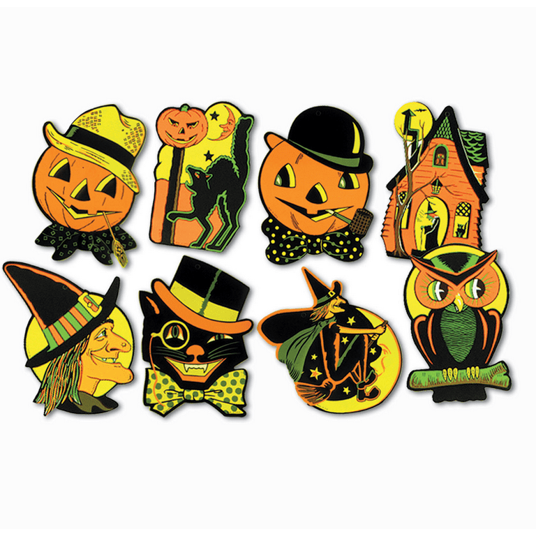 These vintage retro styled repro Halloween decorations feature classic die-cut cutouts that add a nostalgic touch to your Halloween decor. Perfect for adding a spooky and fun vibe to your home or party, these decorations bring back the charm of old-school Halloween celebrations.