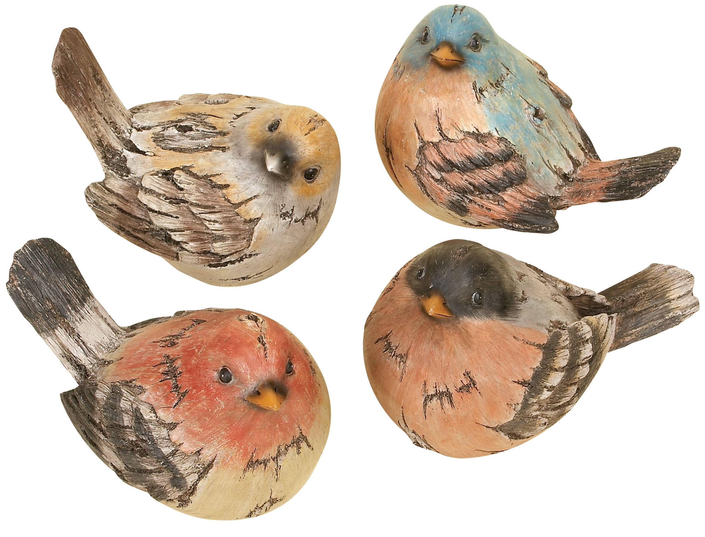 Set of Four Multi Colored Weathered Wood Bird Statues