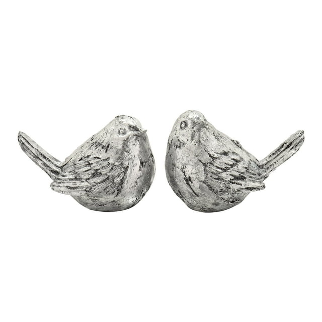 8"W, 6"H Silver Polystone Bird Sculpture, by DecMode (2 Count)