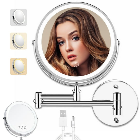 8"Wall Mounted Lighted Makeup Mirror - 1X/10X Magnification Dual-Sided Vanity Mirror with 3 Color Lights for Bathroom Bedroom Makeup Studio