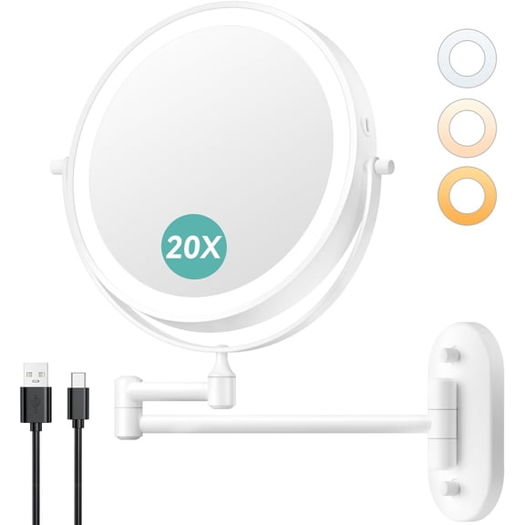 8" Wall Mounted Lighted Makeup Mirror, 1X/20X Magnifying, Rechargeable, 3 Color LED, Dimmable, 360° Swivel, Foldable Arm