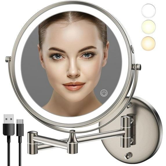 8" Wall Mounted Lighted Makeup Mirror, Vanity Mirror with Lights, Double Sided 1X/10X Magnifying Mirror,3 Color Lights Dimmable 360° Rotation Shaving Light up Mirror for Bathroom（Nickel）