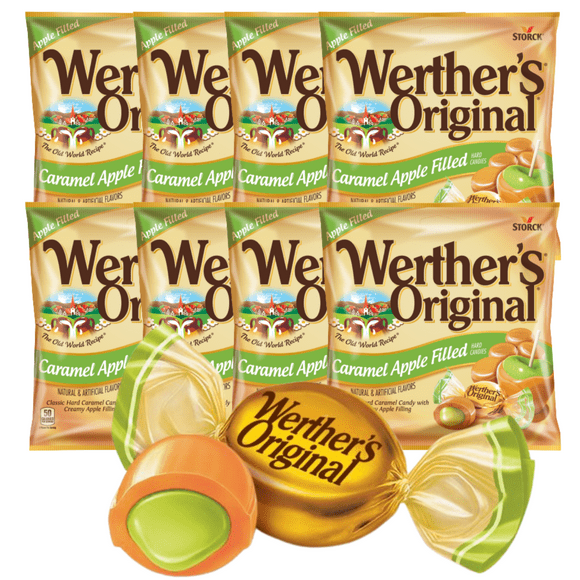 (8) Werther's Original Caramel Apple Filled Candy 2.22oz. Bag Hard Candy Shell with Creamy Filling for Snacks Trick or Treats Goodie Bag Filler Stocking Stuffers Pantry Staple & CUSTOM Storage Carrier