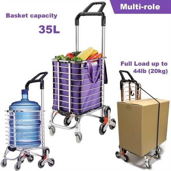 8-Wheel Foldable Stair Climbing Cart, 35L Heavy Duty Utility Trolley with Adjustable Handle & Bungee Cord Portable Shopping Laundry Cart, 44 lb Capacity, Lightweight Aluminum Frame