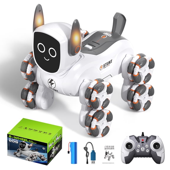 8-Wheel RC Robot Dog Stunt Toy for Kids, 2.4G Remote Control Robotic Dog with LED Lights & Music, 360 Rotating Arm, Birthday Gift for Boys and Girls