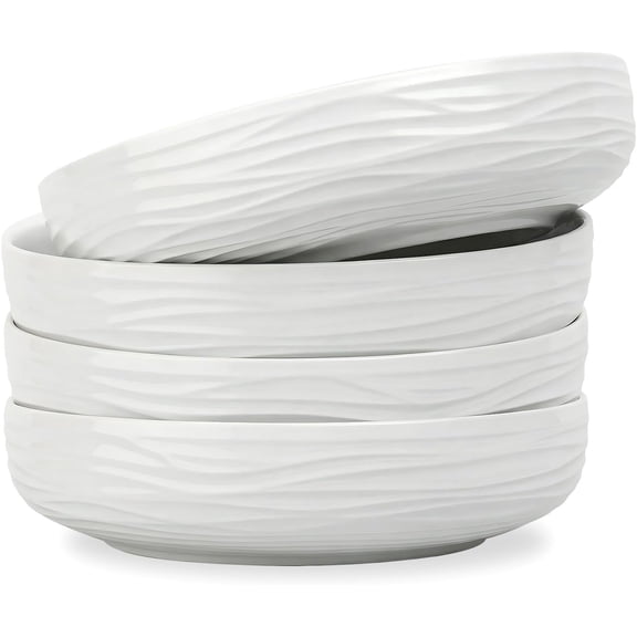 8" White Pasta Bowls Set of 4, 33 OZ Ribbed Texture Porcelain Salad Bowls, Wide and Shallow Bowl for Housewarming, Wedding, Christmas, Microwave & Dishwasher Safe